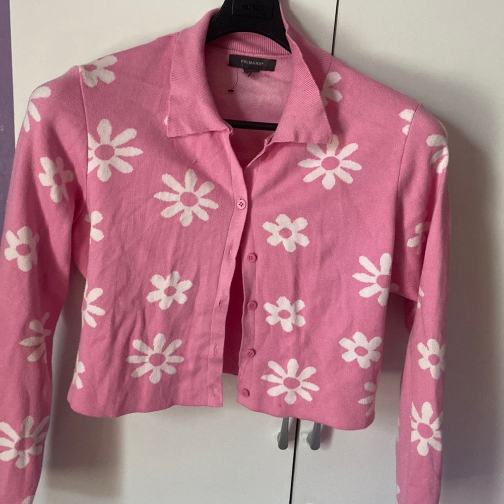 Pink sweater with flower print in size large